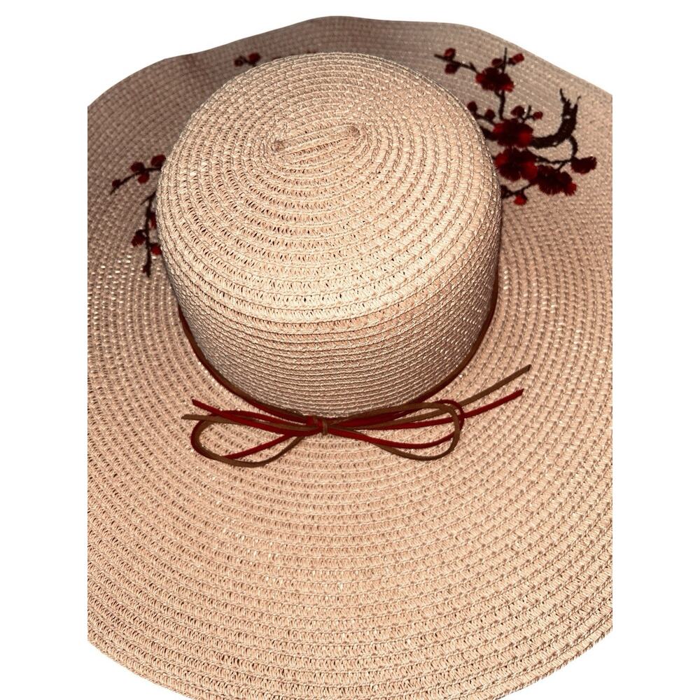 Wide Brim Pink Straw Sun Hat With Red & Black Delicate Floral Embroidery Design - Picture 3 of 8